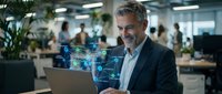 Mature male professional with gray hair wearing business casual attire working on laptop with holographic data visualization and digital network graphics in modern office environment.