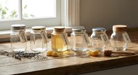 Collection of glass jars filled with golden honey and natural ingredients arranged on rustic wooden table near bright window for organic cooking.