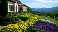 Luxury Mediterranean villa with colorful flower garden landscaping and mountain views. Elegant home exterior with manicured grounds and vibrant blooms.