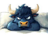 Grumpy cartoon bull character lying in bed with horns and angry expression on white pillow background for children book illustration and mascot design.