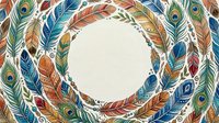 Watercolor boho feathers arranged in a circular frame with empty center space, featuring peacock and tribal plumes in vibrant earthy tones.