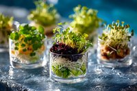Fresh microgreens and sprouts layered in glass cups with quinoa and vegetables, healthy raw food appetizer served on dark blue background.