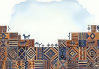 Colorful geometric kente cloth pattern with traditional woven textile design featuring diamond shapes, stripes and abstract motifs in gold, blue and brown tones on isolated background.