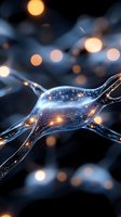 Glowing neuron cell with luminous connections and bokeh lights, representing neural networks, brain activity, and synaptic transmission for medical and scientific use.