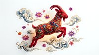 Red ornamental goat with floral patterns jumping through decorative clouds and cherry blossoms on white background isolated for design use.