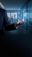 Businessman holding glowing network connection hologram in modern office representing digital transformation and connectivity solutions for corporate technology.