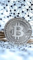 Silver cryptocurrency coin against network connection background with nodes and linking lines, representing digital finance and blockchain technology.