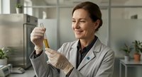 Female scientist in white lab coat examining test tube with yellow liquid in modern laboratory setting for research and development work.