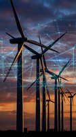 Wind turbines silhouetted against dramatic sunset sky with digital network overlay, representing renewable energy technology, smart grid systems, and sustainable power generation for clean energy concepts.