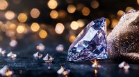 Sparkling purple diamond with scattered crystals against dark surface, illuminated by warm golden bokeh lights creating luxurious atmosphere for jewelry design.