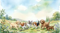 Watercolor puppies playing together in a sunny meadow with flowers and trees, soft pastel tones, cheerful and playful scene for cards or prints.
