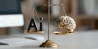Golden balance scale weighing AI letters against human brain model, symbolizing ethical considerations in artificial intelligence development.
