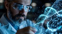 Middle-aged Caucasian male scientist with gray beard examining glowing blue DNA helix hologram through smart glasses in laboratory environment. Modern genetics research.