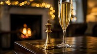 Elegant champagne flute and golden chess king piece on wooden table with warm fireplace bokeh lights creating luxurious celebratory atmosphere for special occasions.