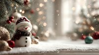 Cute snowman decoration with knitted hat and scarf sits among pine branches and ornaments with warm bokeh lights creating festive Christmas atmosphere.