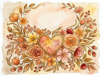 Watercolor floral heart frame in warm peach and golden tones with roses and wildflowers, forming an elegant wreath for Valentine cards.