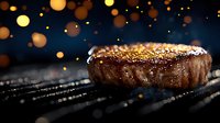 Juicy grilled beef steak with seasoning on dark background, golden bokeh lights create magical atmosphere. Professional food photography for restaurant menu.
