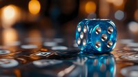 Translucent blue dice with glowing dots on dark reflective surface against blurred warm bokeh background creates atmospheric casino gaming mood.