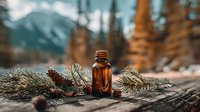 Amber essential oil bottle on rustic wooden surface with pine branches and mountain landscape in background, perfect for wellness advertising.