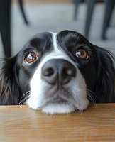 Close-up portrait of border collie dog with brown eyes resting chin on wooden table, looking up with hopeful expression and black and white markings.