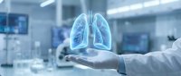 Caucasian male doctor holding glowing holographic lungs in modern laboratory, showcasing advanced medical technology and respiratory healthcare innovation.
