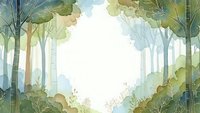 Watercolor forest scene with trees creating natural frame opening, soft green and blue tones, peaceful woodland atmosphere for nature designs and backgrounds.