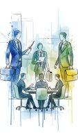 Watercolor business team illustration with professionals in meeting and presentation scenarios for corporate communication materials.