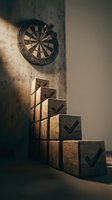 Dartboard mounted on wall above wooden blocks with checkmarks arranged in ascending staircase formation, symbolizing progress, achievement, and goal completion in business strategy.