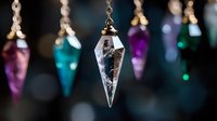 Crystal pendants with colorful glass drops hanging against dark background, mystical esoteric decoration for spiritual practices and meditation spaces.