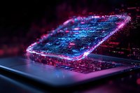 Futuristic smartphone hologram with glowing circuit patterns and digital data streams in pink and blue neon colors against dark background, representing mobile technology.