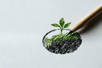 Pencil drawing of young green plant sprout growing from sketched soil on white paper, symbolizing growth, environmental care and sustainable development concept.