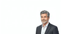 Mature man with gray hair and facial hair wearing dark blazer and white shirt, isolated on white background for corporate, business, and professional design use.