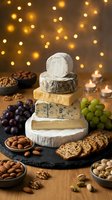 Gourmet cheese tower with grapes, nuts and crackers on slate board with warm bokeh lights creating festive atmosphere for entertaining and holidays.