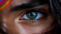 Close-up macro shot of bright turquoise eye with long eyelashes and dark eyebrow, rainbow light reflection in corner, dramatic beauty photography.