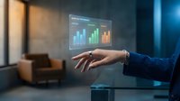 Businessman in blue suit interacting with holographic financial charts and bar graphs displaying data analytics and business growth metrics in modern office environment.