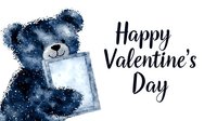 Watercolor navy blue teddy bear holding blank card with Happy Valentine's Day text on white background, romantic holiday greeting design for cards and decorations.