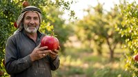 Middle-aged man with dark hair and beard, wearing traditional head covering and dark clothing, holding fresh red pomegranate in orchard setting. Agricultural harvest concept.