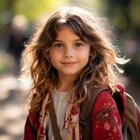 Young girl with wavy brown hair wearing floral red jacket and backpack smiles warmly at camera outdoors with soft natural bokeh background lighting.