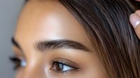 Close-up portrait of young woman with natural makeup and groomed eyebrows touching her hair, beauty and skincare concept for cosmetic advertising.