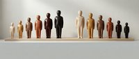 Wooden figurines in various skin tones arranged in rows on a shelf, representing diversity, inclusion, community, and human population for business and social concepts.