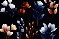 Elegant floral composition with white, orange and navy blue flowers on black background, mystical botanical art pattern for textile and wallpaper design.