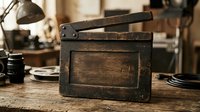Vintage wooden box with metal hinges and handle on rustic wooden table in workshop setting with lamp and tools, suitable for antique, industrial, and retro design projects.