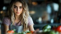 Young blonde woman chef cooking in modern kitchen wearing apron and purple shirt with fresh vegetables on counter for culinary content.