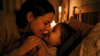 Young mother with dark hair in cozy sweater tenderly bonding with toddler daughter in warm candlelit bedroom during bedtime routine creating intimate family moment.