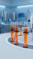 Test tubes with orange liquid samples in modern laboratory for scientific research and chemical analysis experiments.