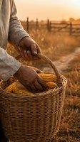 Farmer hands holding wicker basket filled with fresh corn cobs at golden hour sunset on rural farm field for organic harvest agriculture concept.