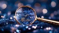 Magnifying glass revealing intricate water droplets on dark surface with bokeh lights background creates magical macro photography effect for nature exploration.