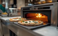 Fresh Neapolitan pizzas with melted mozzarella and basil cooking in modern professional pizza oven with visible flames, close-up view of restaurant kitchen preparation.