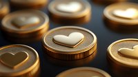 Golden coins with heart symbols arranged in rows, creating romantic financial concept with warm metallic tones and selective focus for business and love themes.