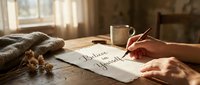 Person writing gratitude journal at wooden table with coffee mug and cozy blanket in warm morning sunlight streaming through window.